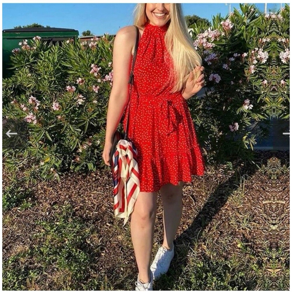 BTFBM Women's Red Polka Dot Halter Dress Size Small Boho Ruffle Summer Mini Cute
